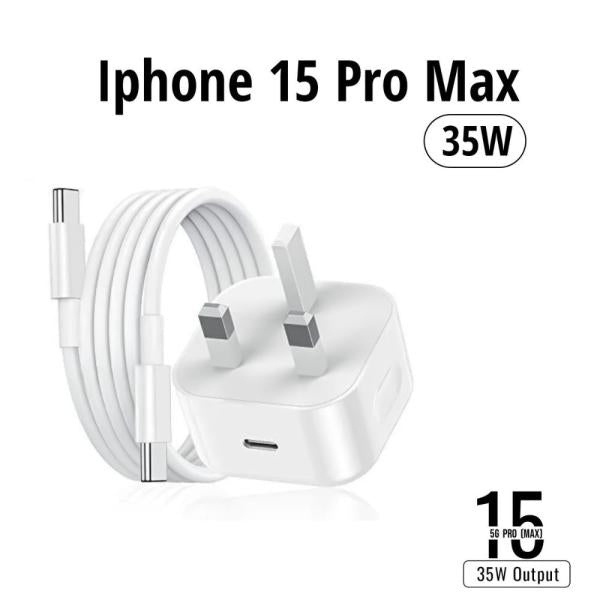 iPhone 15 Pro Max 35W USB-C Power Adapter with 10FT Cable - Fast Charging UK Pin