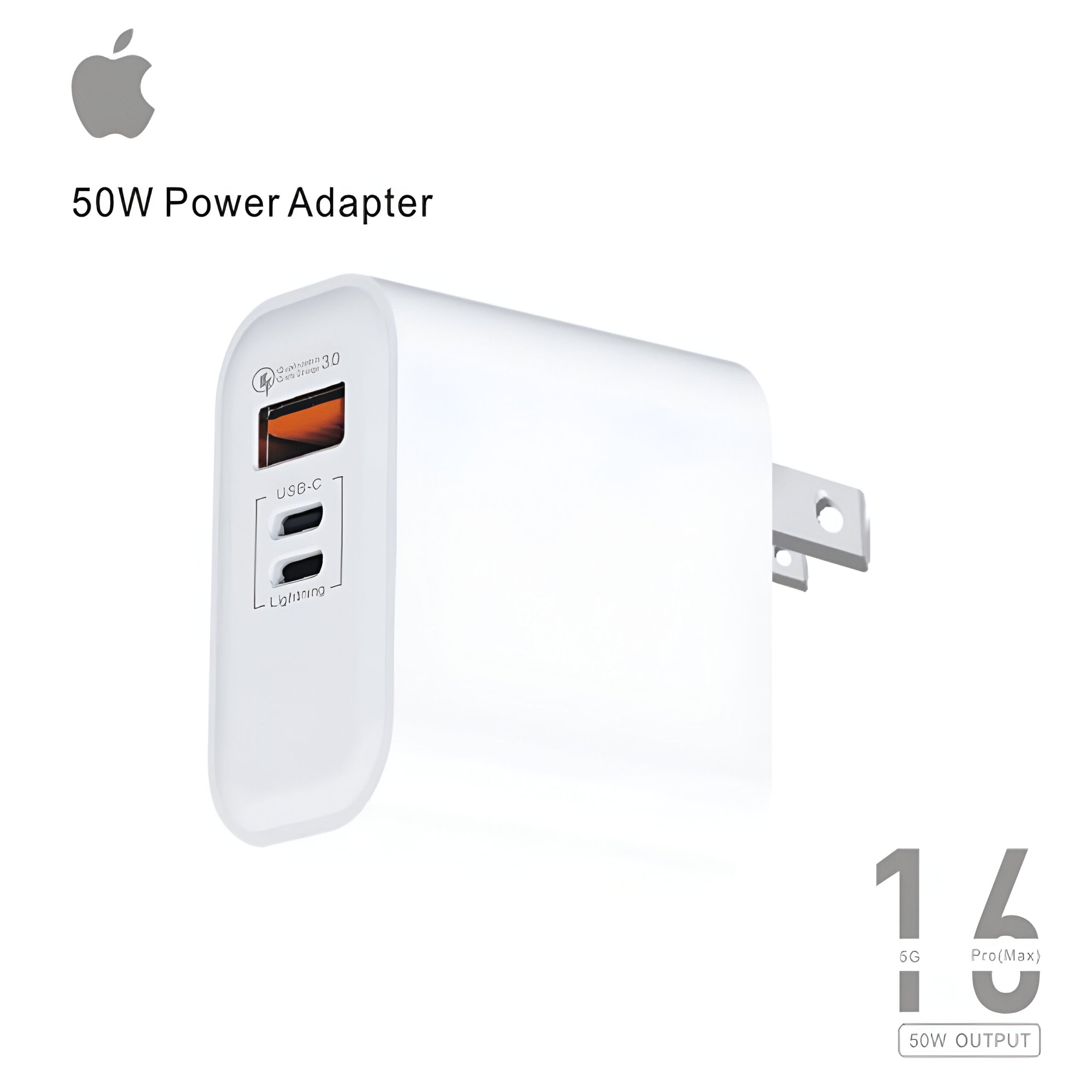 iPhone 16 Pro Max 50W Power Adapter - Fast Charging with 3 Ports (USB-A, USB-C, Lightning)