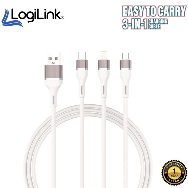 LogiLink 3-in-1 USB Cable - Micro, Type-C & iPhone | Fast Charging 6A, 1M, Durable Design