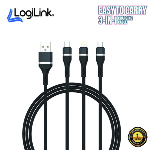 LOGILINK 3-in-1 USB Charging Cable - Micro USB, Type C, iPhone - Fast 6A Charging - Durable Nylon - 1M