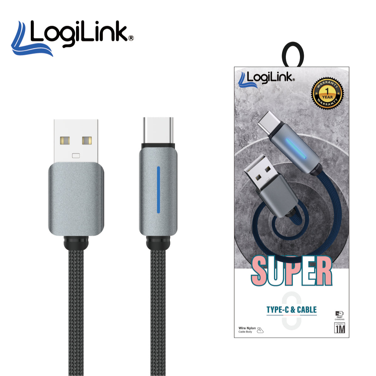 Logilink USB to Type-C Nylon Fast Charging Data Cable 1M - Durable & Efficient
