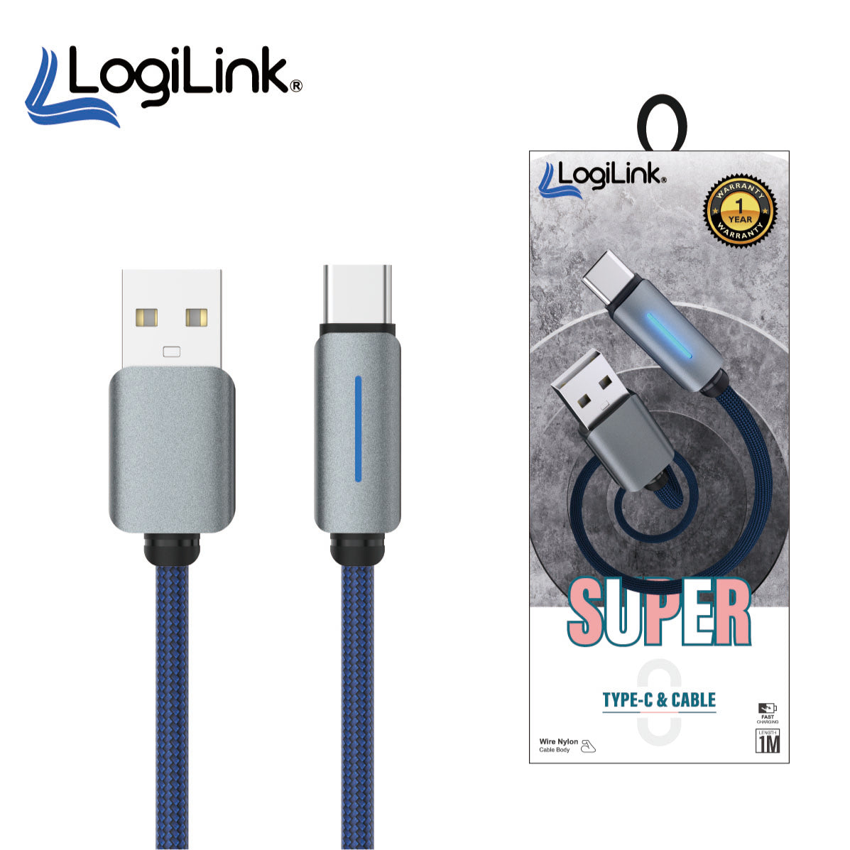 Logilink USB to Type-C Nylon Fast Charging Data Cable 1M - Durable & Efficient