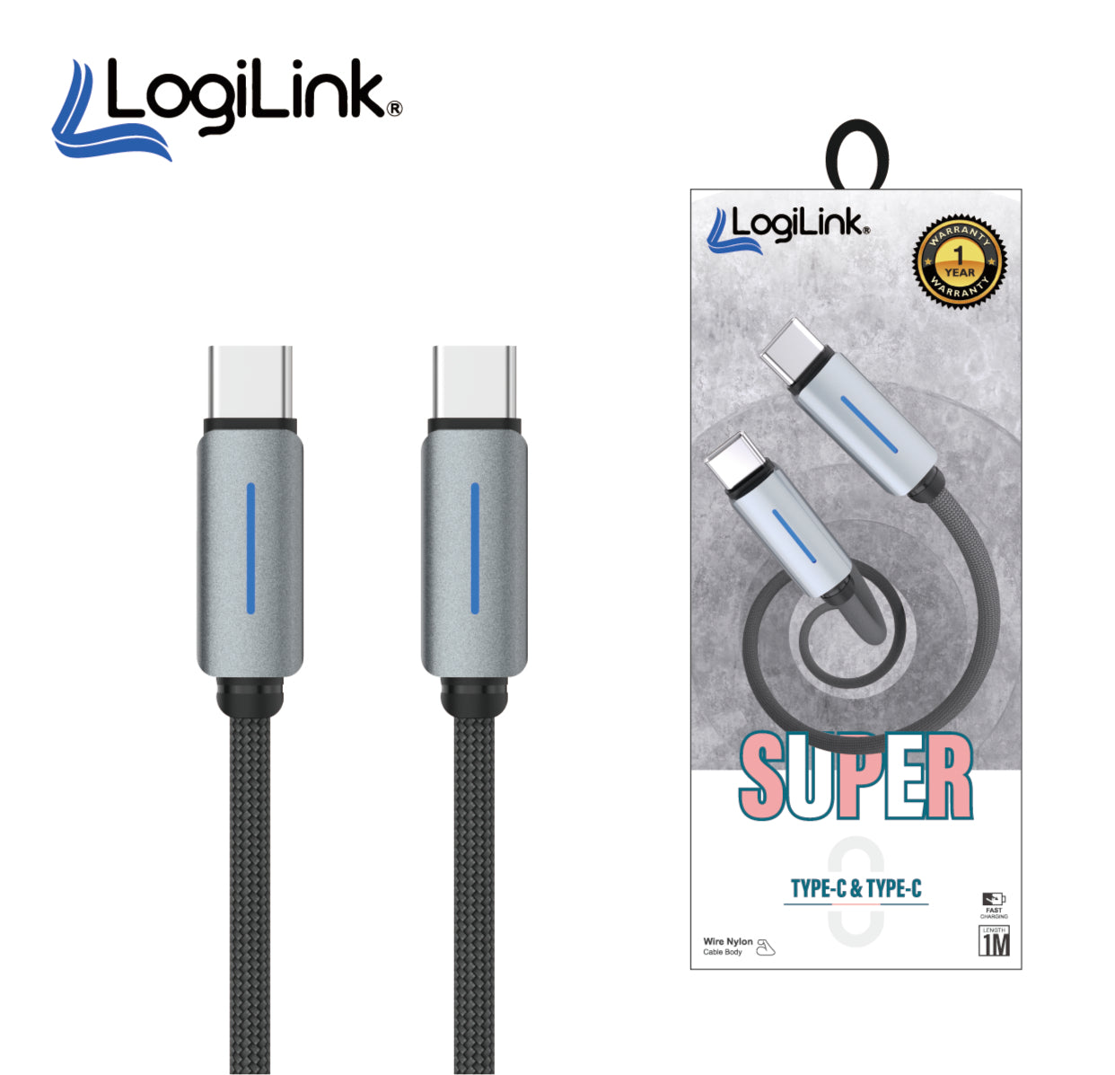 Logilink Type C to Type C Nylon Braided Fast Charging Data Cable 1M - Durable & Efficient