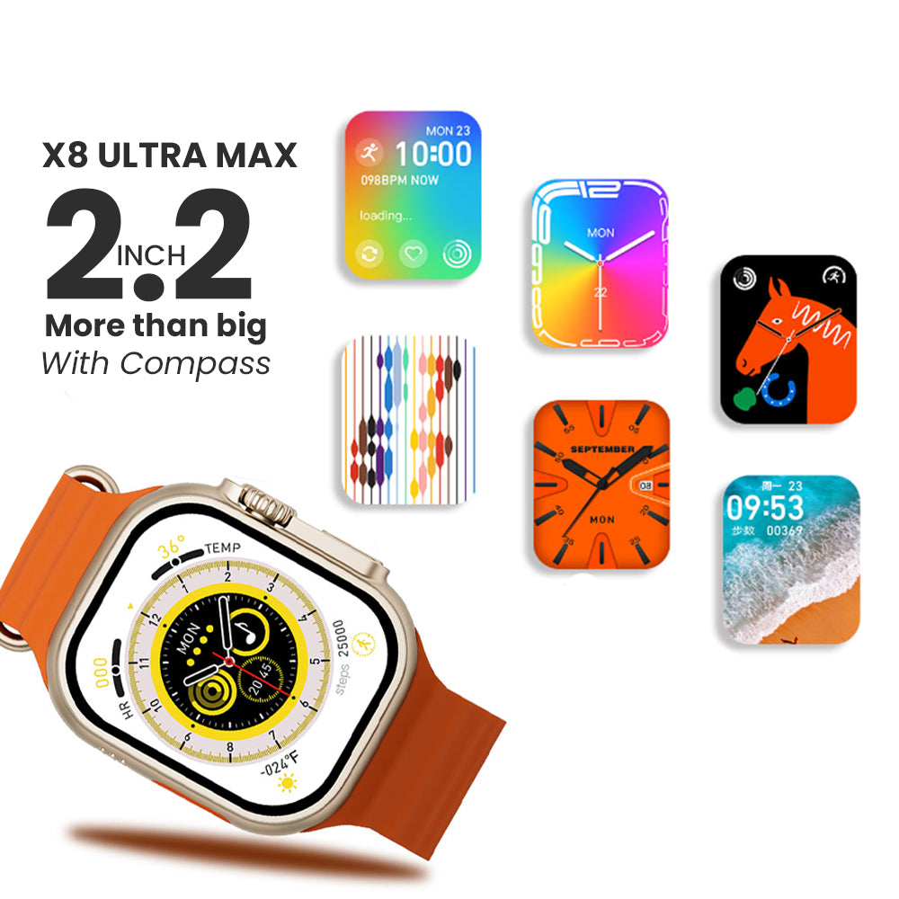 X8 Ultra Max Smart Watch 2.2 Inch with Compass, NFC, Always-On Display & Wireless Charging - WearFit Pro App - Orange