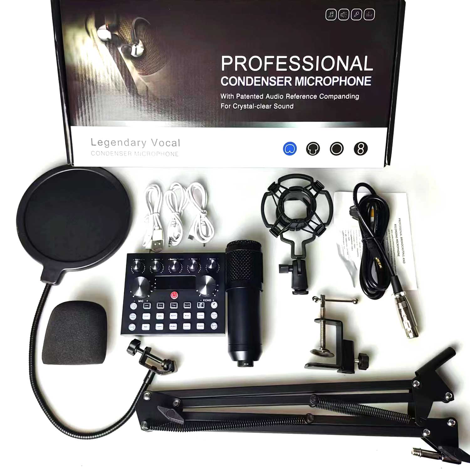 V10 BM-800 Podcast Condenser Microphone Set with Live Sound Card - Ideal for Karaoke, YouTube Recording & Vocals