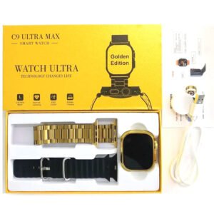 C9 Ultra Max Gold Smartwatch showcasing 2.1-inch HD display and zinc-alloy body